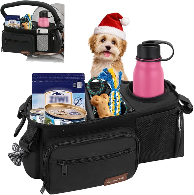 Dog Stroller Organizer Bag, Dog Mom Gifts for Women Pet Stroller Caddy, Stroller Accessories with Cup Holder, Poop Bag Dispenser, Pockets for Dog Essentials, Fits 14–19" Handles, Christmas Gift Ideas