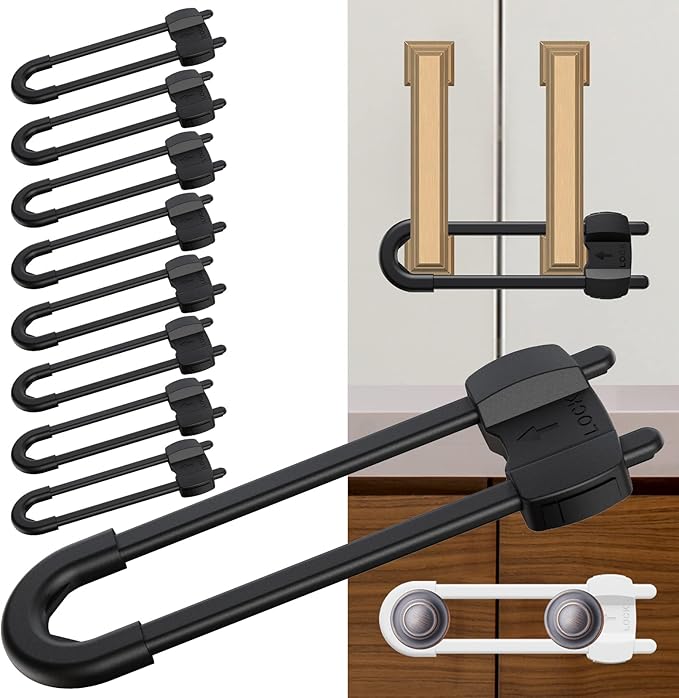U-Shaped Baby Proof Cabinet Locks No Drilling Required, Adjustable Child Safety Latches for Cabinets Drawers Kitchen Doors, 10 Pack Black
