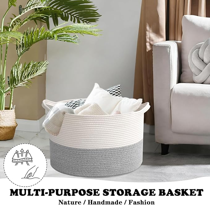 Large Storage Basket with Handle,19.7" L x 19.7" W x 13" H Blanket Basket Storage Bins for Organizing,65L Cotton Rope Woven Baskets for Living Room, Nursery,Bedroom,White&Grey