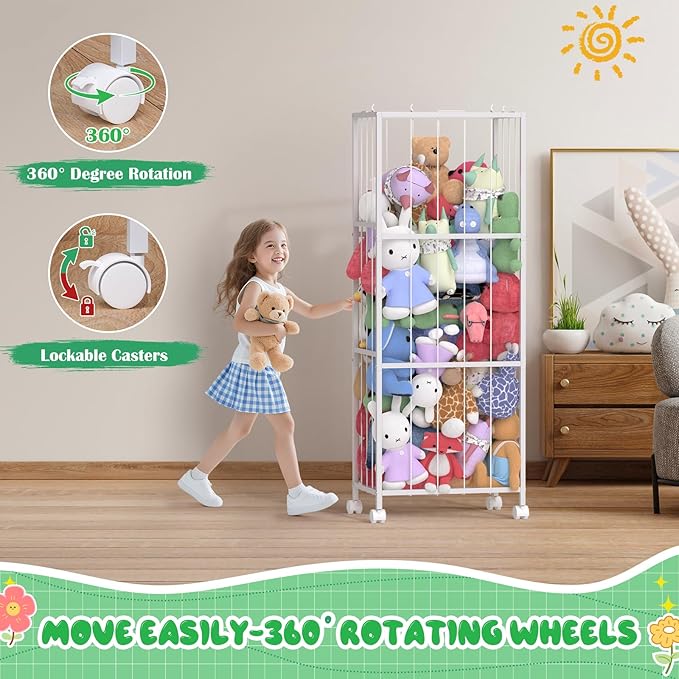OUTWOLF Stuffed Animal Storage, Large Stuffed Animal Zoo Holder, Sturdy Metal Plushies Toy Storage Organizer for Nursery Playroom Kids Room, White