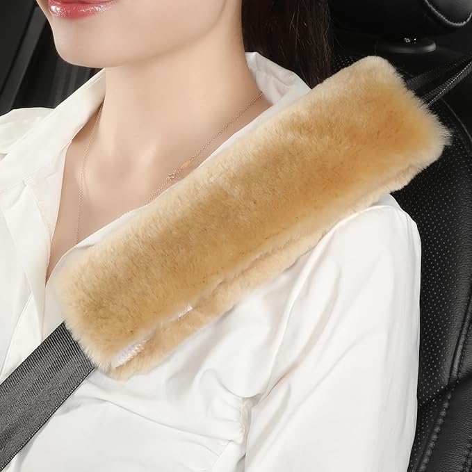 Fluffy Fuzzy Genuine Sheepskin Car Seat Belt Cover for Soft Auto Lambswool Seatbelt Pad, Shoulder Strap Cushion Adults Kids (1, Honey Beige)