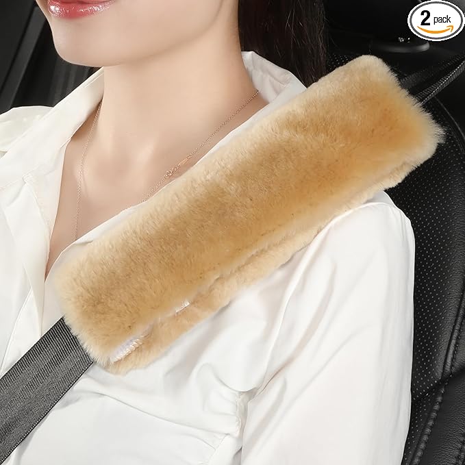 2 Pack Fluffy Fuzzy Genuine Sheepskin Car Seat Belt Cover, Seatbelt Cushion for Soft Auto Lambswool Shoulder Strap Cushion Adults (2, Honey Beige)