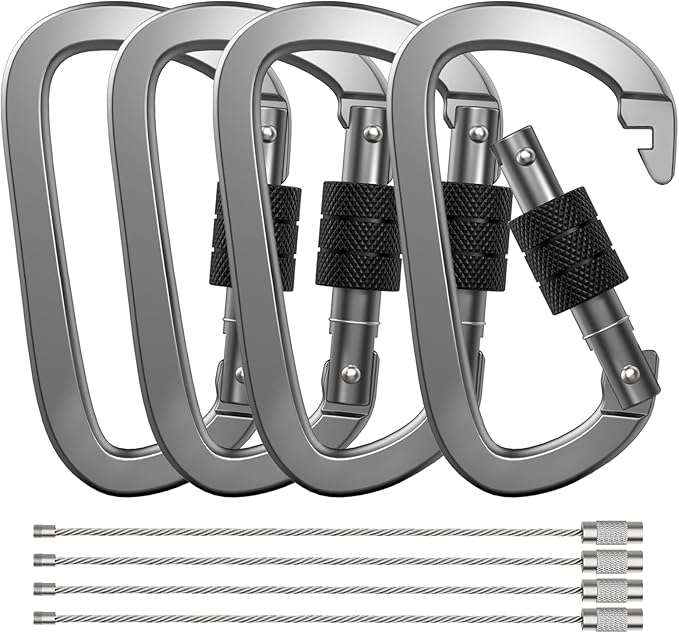 XIECHANEE Premium Aluminum D Ring 4" Locking Carabiner Clips with Screw Gate, Set of 4, Lightweight & Durable for Hiking, Camping, Hammock, Dog Leash Harness, Keychains