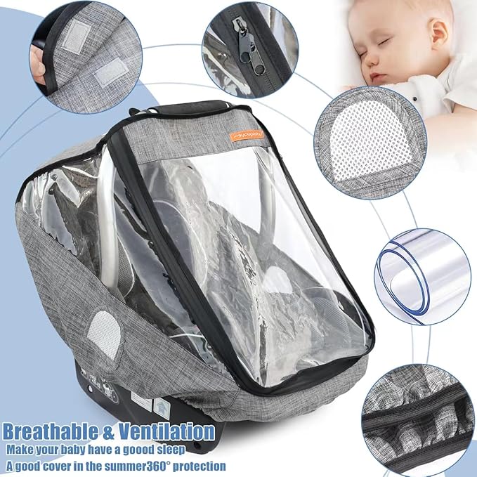 Car Seat Rain Cover,Infant Car Seat Weather Shield,Waterproof,Windproof Protection,Protect from Dust Snow,Rain Cover Features Quick-Access Zipper Door and Ventilation,(Gray Melange)