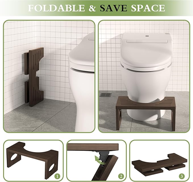 7 Inch Bamboo Toilet Stool, Foldable Poop Stool, Bathroom Step Stool Squat (Brown)