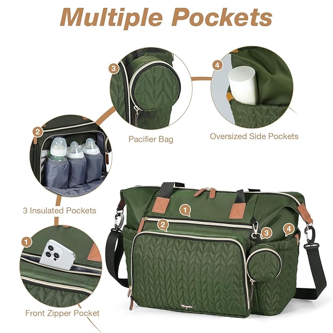 Tonyeee Diaper Bag Tote, Large Baby Diaper Bags Waterproof, Hospital Bag for Labor Delivery with Pacifier Case, Changing Pad, Shoulder Strap, Dark Green