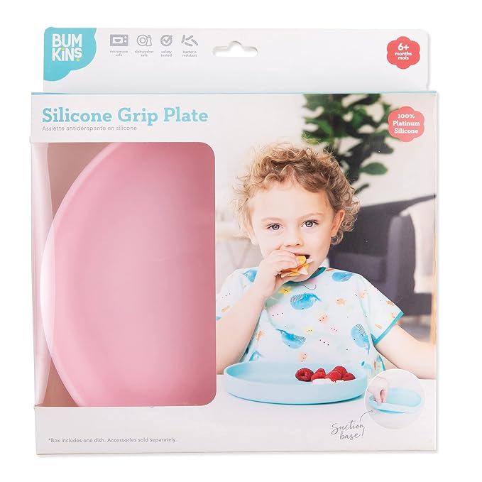 Bumkins Toddler and Baby Suction Plate, Silicone Grip Dish for Babies and Kids, Baby Led Weaning, Children Feeding Supplies, Non Skid Sticky Bottom, Platinum Silicone, Ages 6 Months Up, Pink