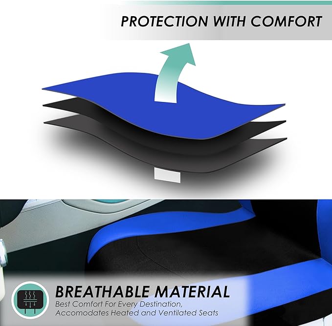 FH Group Full Set Cloth Car Seat Covers , Universal Fit Combo Set with Steering Wheel Cover and Seat Belt Pad for Cars, SUVs and Trucks, Blue