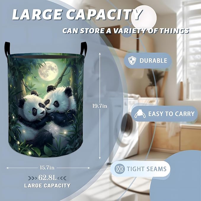 Romantic Moonlight Panda Love Laundry Basket with Handles, 19.7"x15.7" Clothes Foldable Laundry Hamper Organizer for Dorm Nursery Bedroom Bathroom Decor, Toy Storage Bin for Kids