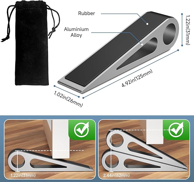 4 Pcs Heavy Duty Door Stopper for Bottom of Door, Aluminum & Rubber Door Stop Wedge- Keep Doors Open in Home, Apartment, Office, Hotel, 4.92L*1.02W*1.22H Inch, Silver