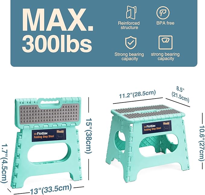 Flottian 11" Folding Step Stool for Adults and Kids Holds Up to 300 lbs,Non-Slip Folding Stools with Portable Handle, Compact Plastic Foldable Step Stool for Bathroom,Bedroom, Kitchen Teal