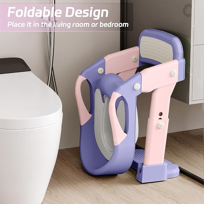 Snugzy Toddler Potty Training Seat 3-in-1 Foldable Potty Training Toilet with Step Stool Adjustable Potty Chair with Urinals (Pink Purple)