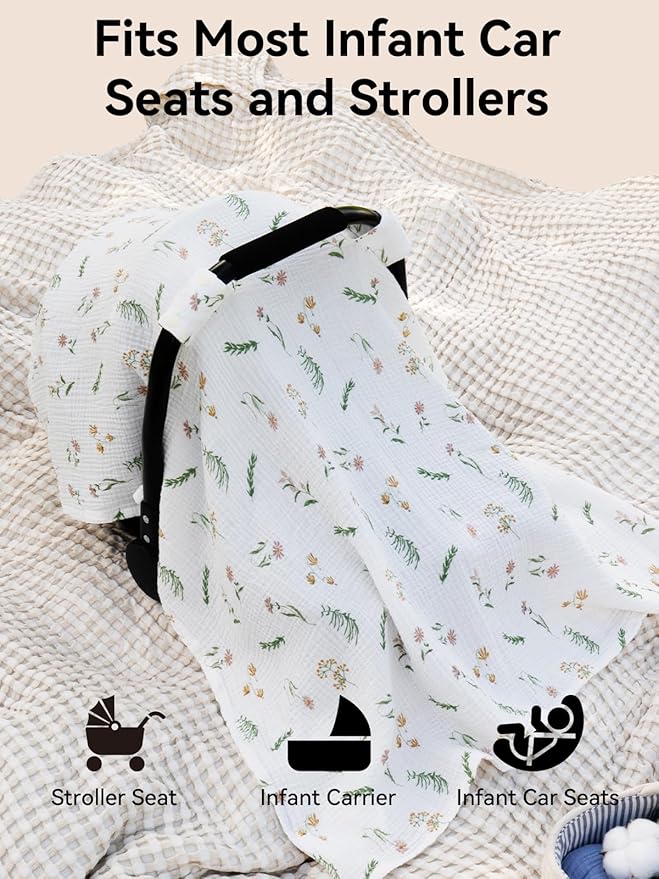 TILLYOU Baby Car Seat Cover, Breathable Muslin Cotton Infant Car Seat Cover, Lightweight Canopy with Sun and Bug Protection(Daisy)