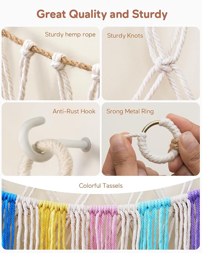Boho Macrame Stuffed Animal Hammock with LED Lights – Large Wall Hanging Plushie Net, Corner Toy Organizer for Kids Bedroom, Nursery, Playroom & Dorm (Rainbow XXL)