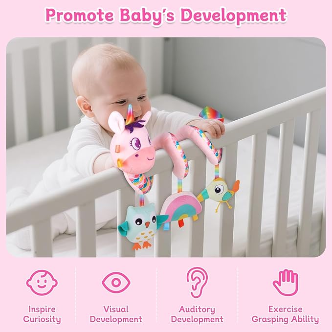 Car Seat Toys for Infants 0-6 months, Spiral Hanging Crib Stroller Activity Toys with Rattles, Baby Car Seat Accessories Toy for Developing Sensory & Motor Skills, Ideal Gift for Newborn Infant