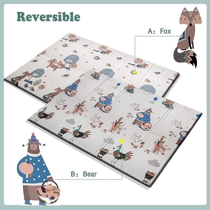 UANLAUO Foam Play Mat for Baby - Foldable Play Mats for Floor 59" x 59" Thick Foam Mats for Kids Reversible Educational Crawling Mat for Infants 6-12 Months & Toddlers, Easy Clean Playmat