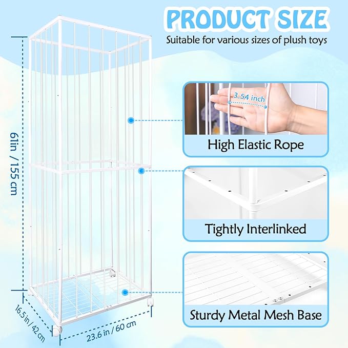BETBEM Stuffed Animal Storage, Metal Tube Extra Large Toy Storage Organizer with Brake Wheels, Stuffed Animal Holder Zoo Organizer for Nursery Playroom Kids Room White(61” x 23.6”x 16.5”)