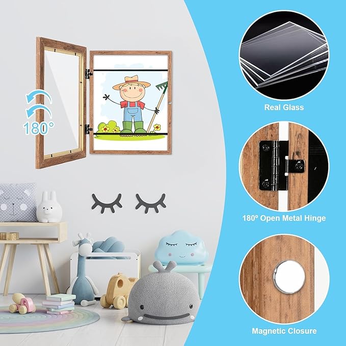 GULETHUN [2-Pack] Kids Art Frames, 9x12 Front Opening Kids Artwork Frames Changeable, Dark Wood Grain Artwork Display Storage Frame for Wall, Holds 50 Pcs, for 3D Picture, Crafts, Children Drawing