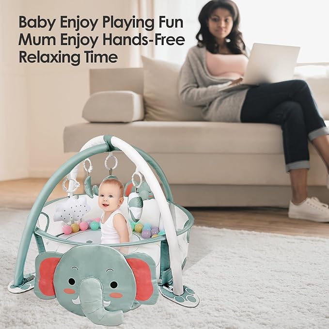 dearlomum 4-in-1 Baby Play Mat Baby Gym,Ball Pit Including 30 Balls for Newborn Toddler Boy & Girl Gifts(Elephant)