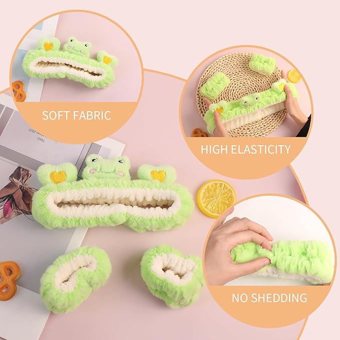 PERFECTSIGHT Kawaii Headband for Spa, Makeup, Washing Face, Party - Cute Hair and Wrist Band Set for Shower Beauty Skincare, Soft Facial Headbands for Girls and Women, Green Frog