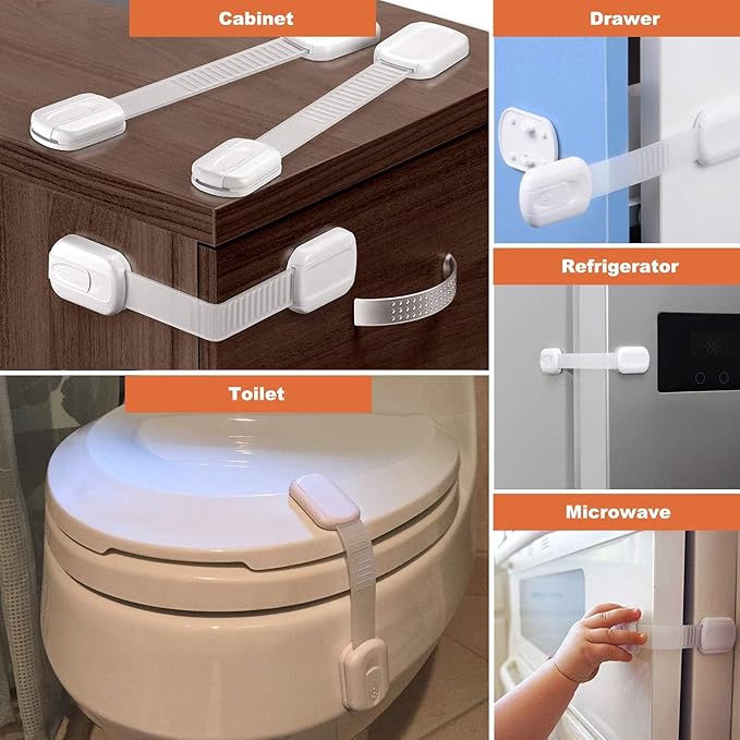 Child Safety Cabinet Strap Locks - OKEFAN 12 Pack Baby Proofing Adhesive Latches for Kids Drawer Cupboard Dishwasher Fridge Oven Door No Drill (White)