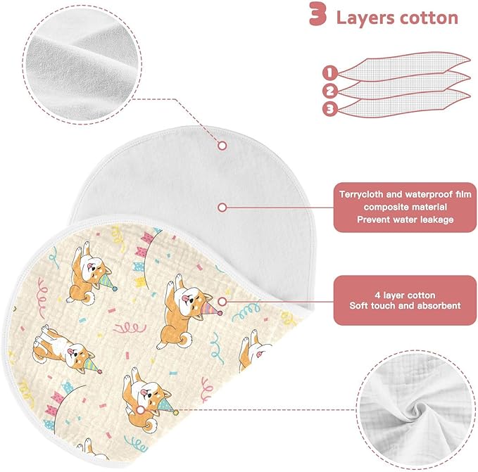Qinllo 1 Pack Muslin Burp Cloths Shiba Dogs Party Beige Cotton Baby Burp Cloths Soft Burping Cloth Absorbent Spit Up Rags for Newborn Babies 22x11 Inch
