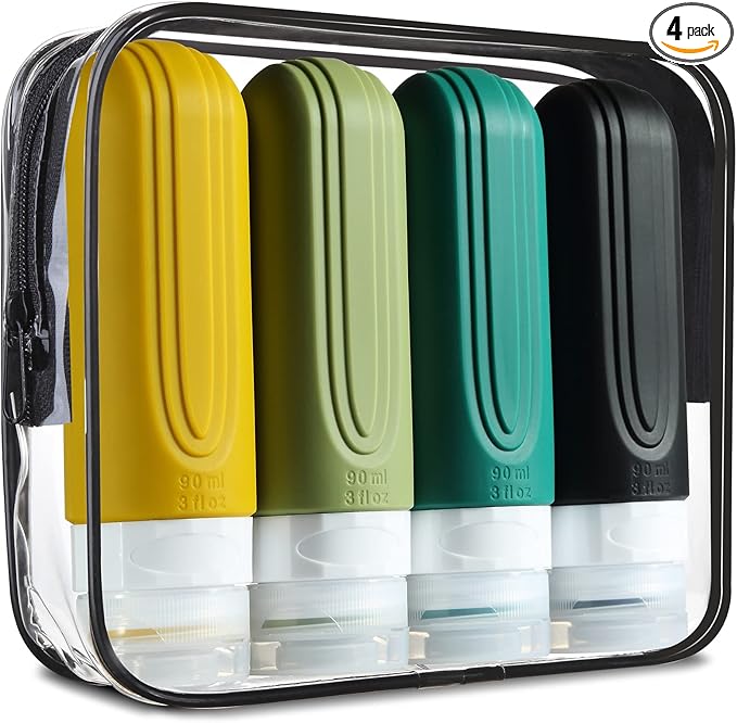 Mrsdry Travel Bottles for Toiletries, Tsa Approved 3oz Travel Size Containers BPA Free Leak Proof Refillable Liquid Silicone Squeezable Travel Accessories for Shampoo Conditioner Lotion (4 Pack)