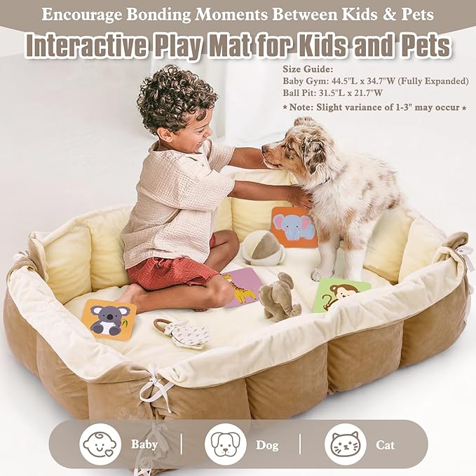 5-in-1 Plush Baby Play Gym, Baby Play Mats, Convertible Baby Gym, Tummy time mat, 6 Sensory Toys, Activity Center, Ball Pit, Cream