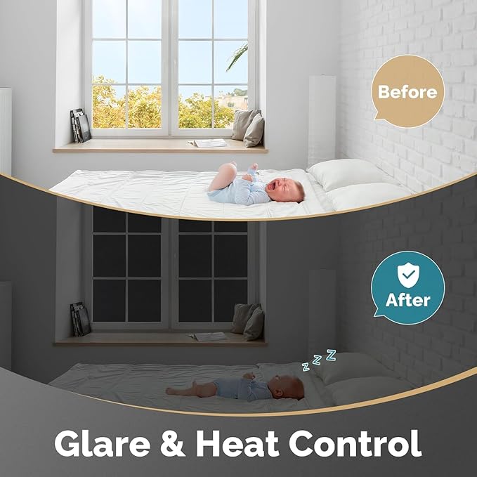 DOWELL Blackout Window Film, 100% Light Sun Blocking Static Cling Frosted Privacy Film for Glass, Heat Control Removable Window Tint, Room Darkening Cover for Day Sleep, Black, 23.6" x 118"