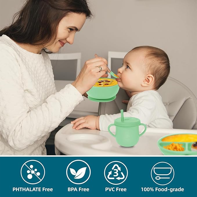 Dormlony 100% Silicone Baby Feeding Set,BPA Free Baby Dishes Set with Suction Bowl Divided Plate,Toddler Self Feeding Dish Set with Spoons Forks Sippy Cup and Bib, Baby Eating Utensils (Neon Green)
