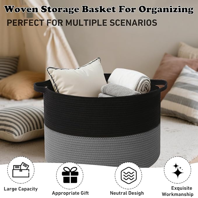 Large Storage Basket with Handle,19.7"x 19.7"x 13" Blanket Basket Storage Bins for Organizing,65L Cotton Rope Woven Baskets for Living Room, Nursery,Bedroom,Black&Dark Grey