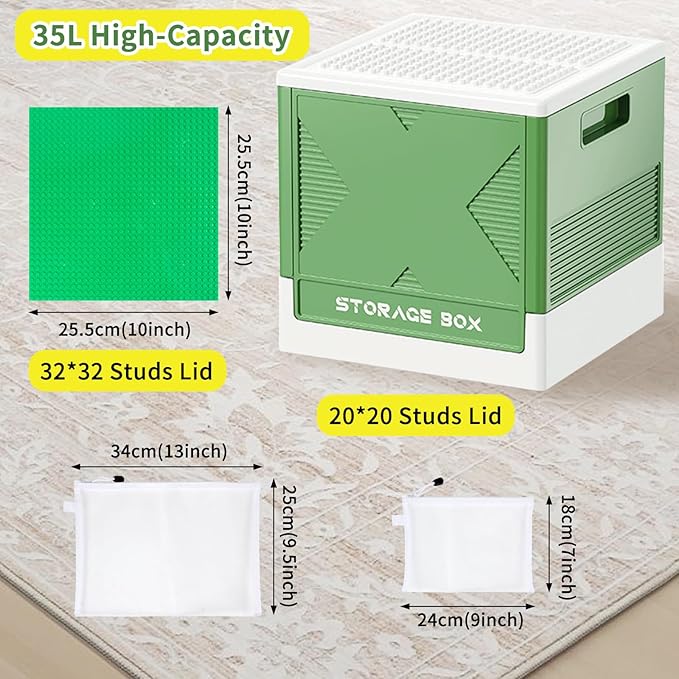 Collapsible Storage Box with Large Building Lid, Multifunctional Toy Storage Box for Brick, Bead, Tool, Sewing, Foldable Storage Bin(Green)