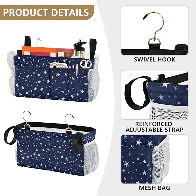 Bedside Caddy Hanging Bunk Bed Caddy Bed Organizer Hanging Pocket with 2 Hooks Bedside Storage Organizer Pocket Bag Holder Stars Dark Blue