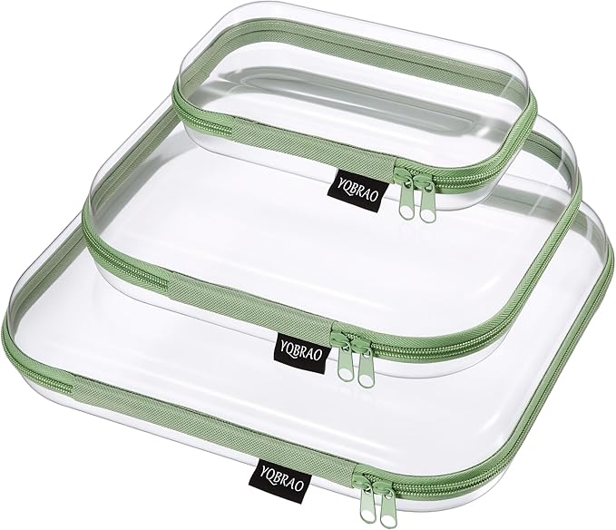YQBRAO 3-Pack Clear Hard Shell Zipper Case Green, 1.2mm Heavy-Duty Crush-Proof Travel Makeup Bag, Multi-Size (L+M+S) Diaper Bag Organizer Pouches, Rigid Clear Zipper Pouches for Tech, Toys & Home