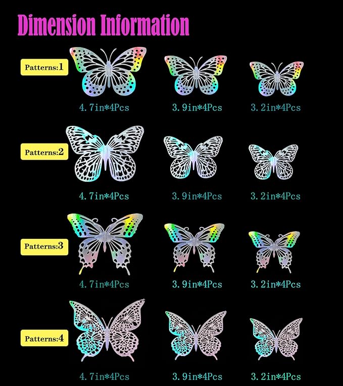 JOSDIOX 3D Laser Sivery Butterfly Wall Stickers - 48 Pcs with 4 Styles & 3 Sizes, Removable Decor for Party Birthday Wedding Cake Balloon Decoration (48 Laser Sivery)