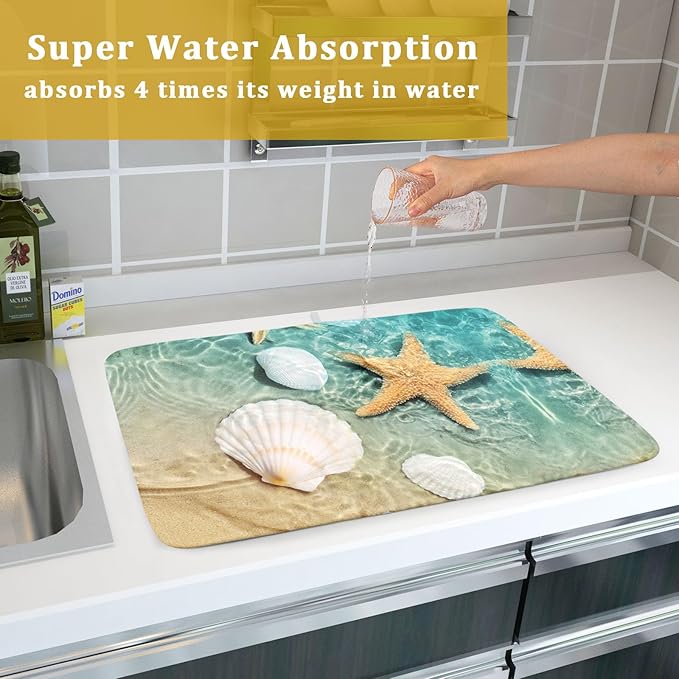 Summer Beach Style Dish Drying Mat for Kitchen Counter,Starfish and Seashell Drying Mat 18 x 24 Inch with High Absorbent Reversible Microfiber Dish Drying Pad Drainer Mat for Coffee Bar