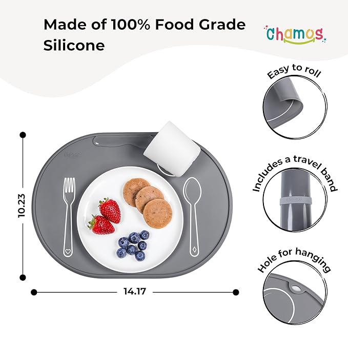 CHAMOS Silicone placemats for Toddlers - Montessori placemat for Round Table - Oval Kids placemats for Dining Table - Non Slip, Small, Educational placemats (Gray), 14.17x10.23 inch