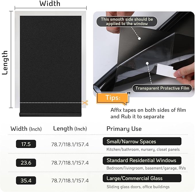 LUTE Blackout Window Film Removable Window Tint for Home Privacy Black 17.5" x 118.1", Static Cling for Inside Dark Sunlight Blockers Darkening Light Blocking for Bedroom Home Theater Garage