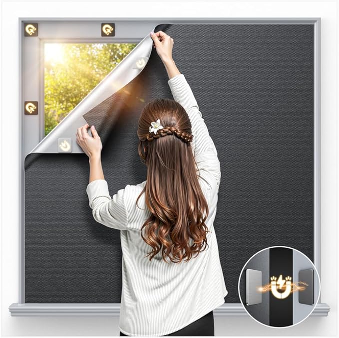 Magnetic Blackout Window Cover 102" x 58" Portable Blackout Curtains for Bedroom, Temporary Black Out Shades Window Privacy Film No Drill Black Out Blinds for Media Room Travel Skylight - Blacks