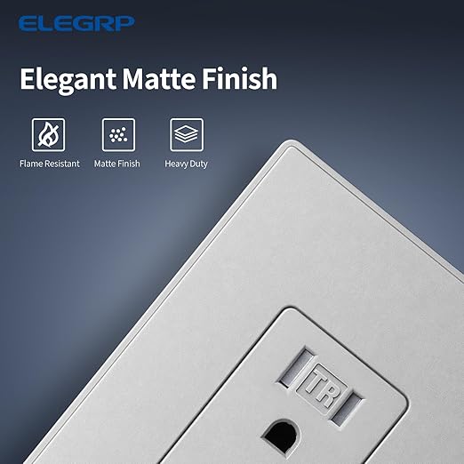 ELEGRP Matte Gray Decorator Electrical Wall Receptacle Outlet, TR Tamper Resistant Outlet, 15A 125V, 2 Pole 3 Wire, NEMA 5-15R, Self-Grounding, Mid Wall Plate Included, UL Listed, 1 Pack
