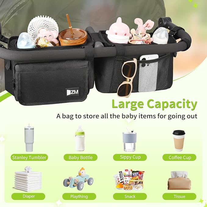 ZZM Double Stroller Organizer with 2 Cooler Pockets,Compatible for Bob Duallie, Jeep and Baby Jogger City Mini GT2, Double Baby Stroller Accessories, Parent Console Double Jogging Stroller Organizer