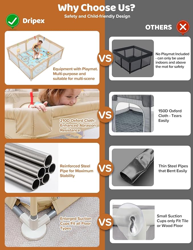 Dripex Baby Playpen with Mat, 71"x59" Play Pen for Toddlers 1-3 Years, Soft Breathable Visible Mesh, Indoor/Outdoor Portable Play Yard with Mat, Safe Baby Fence Play Area, Beige