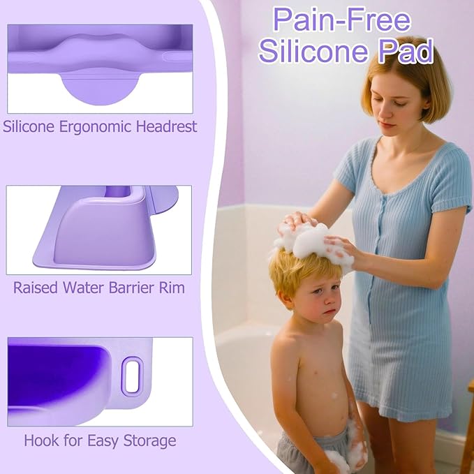 nestery Hair Washing Station for Kids, Silicone Portable Shampoo Bowl and Elderly with Rinse Cup & Scalp Massager, Hair Washing Basin for Sink or Bathtub at Home with Neck Support Purple