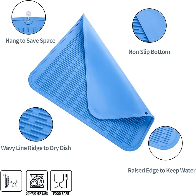 MicoYang Silicone Dish Drying Mat for Multiple Usage,Easy clean,Eco-friendly,Heat-resistant Silicone Mat for Kitchen Counter or Sink,Refrigerator or Drawer Liner Lichen BlueL 2XL 24 inches x 18 inches