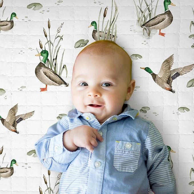Funtery 43 x 43 Inch Mallard Duck Baby Playmat Portable Crawling Washable Foldable Tummy Time Non Slip Baby Floor Large Playpen Mat for Infants Toddlers Floor Playpen Activity