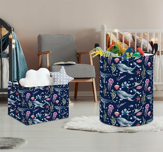 Laundry Hamper, Laundry Basket, Nursery Hamper, Waterproof Storage Bin, Clothes Organizer Basket, Room Decor(Watercolor Ocean)