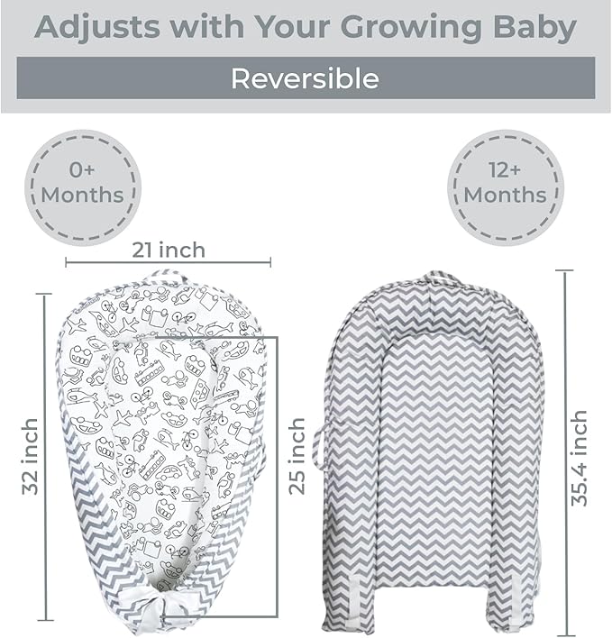 Aila+Aiden Baby Lounger | Organic Cotton Infant Lounger | Reversible, Adjustable & Portable Floor Lounger |Supervised Use | Soft, Breathable, Washable Cover - Star Collection (Travel Gray)