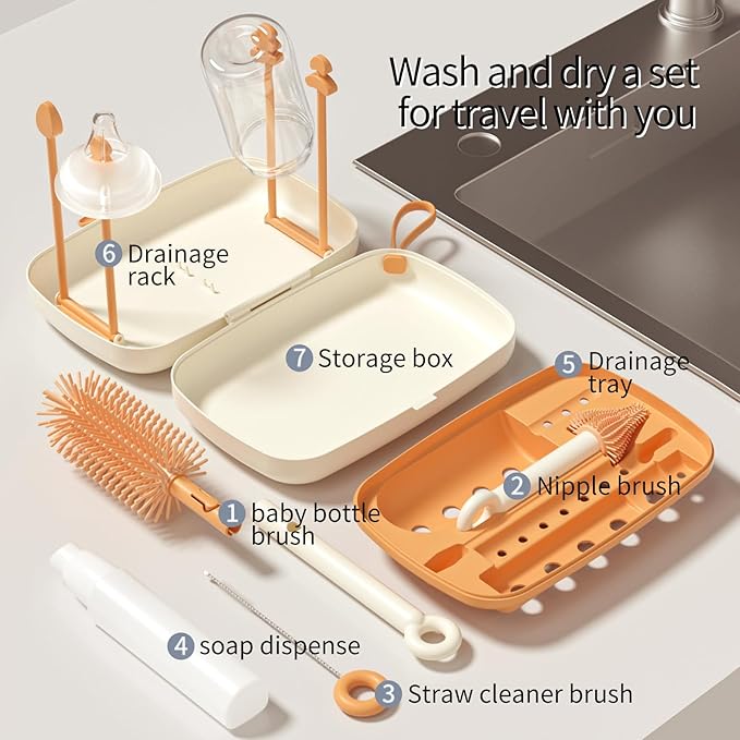 Suvast 7in1 Travel Bottle Cleaner kit,Baby Essentials, with Bottle Brush、Nipple Brush、Straw Cleaner Brush、Soap Dispenser、Bottle Drying Rack、Drainage Tray、Storage Box,Baby Travel Essential (White)