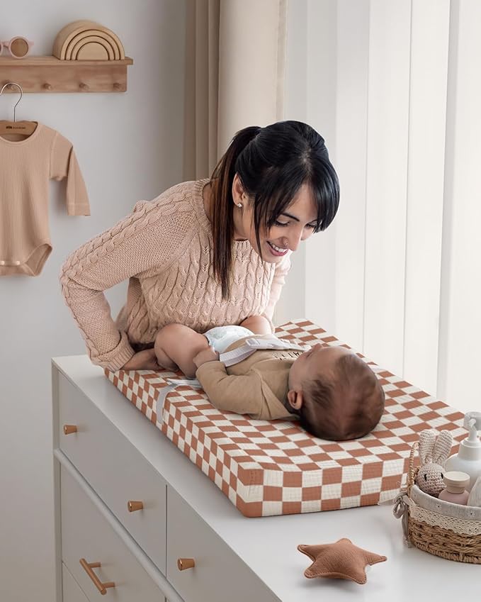 Blissful Diary Muslin Changing Pad Cover for Baby Girls Boys, Ultra Soft Breathable Cotton, Baby Diaper Change Table Pad Covers, 2Pack (Checkered Brown & Brown)