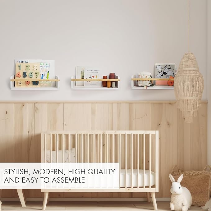 Decorative Nursery Bookshelves for Kids - Set of 3 Easy to Install Floating Shelves for Wall Mount - Beautiful Hanging Organizer Furniture for Your Baby Boy or Girl's Bedroom and Play Room Decor